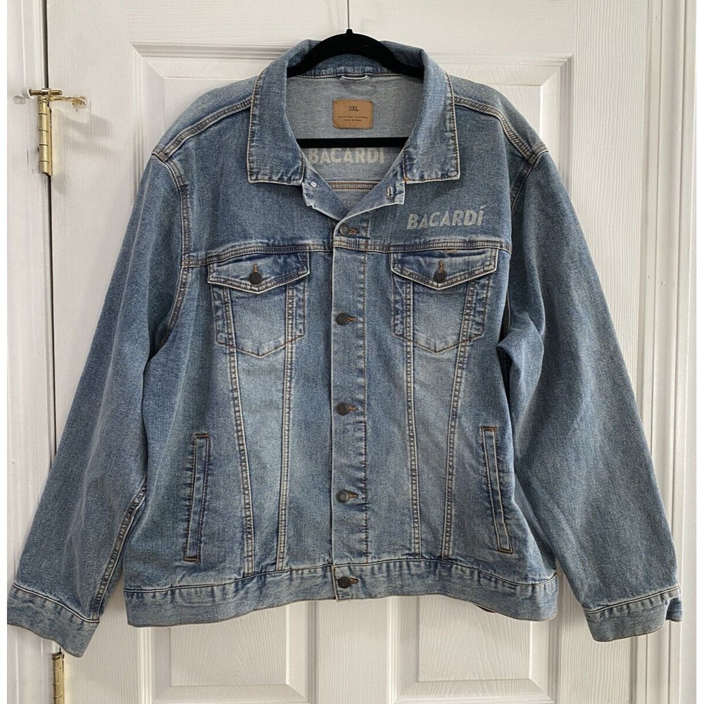 Bacardi Rum Light Wash Long Sleeve Denim Bat Logo Jean Jacket Sz 3XL